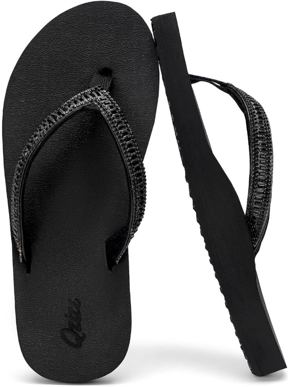 Women's Black Summer Comfortable Flip Flops with Rhinestone Beach Thong Sandals